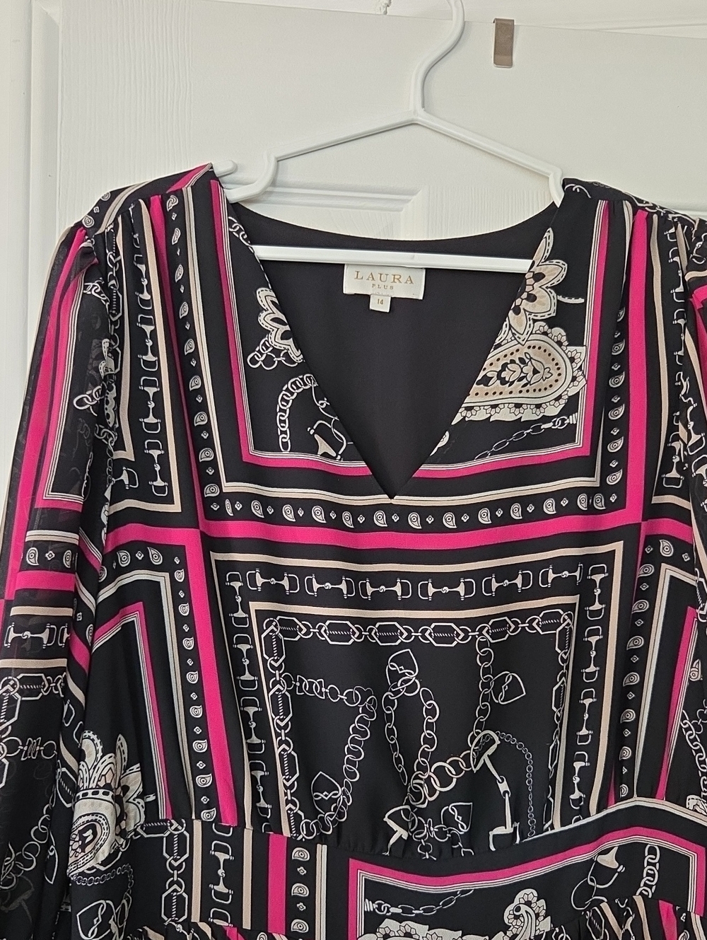 Laura Black and Pink Long Sleeve V-Neck Maxi Dress